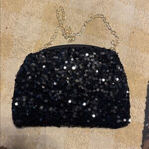 Black Sequin Clutch with Gold Chain
